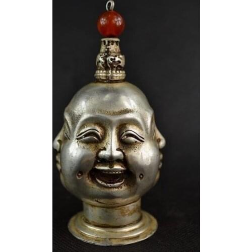 CHINESE OLD WHITE COPPER HANDWORK CARVING 4 FACE BUDDHA SNUFF BOTTLE Garden Decoration 100% real Tibetan Silver Brassroom Art
