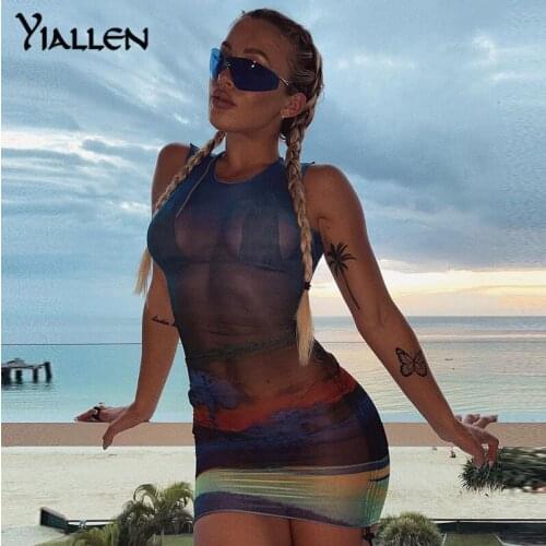 Yiallen Summer Womens Dresses New Arrival Tie Dye Sleeveless O-Neck Bodycon Mesh See Through Sexy Beach On Vacation Dresses Hot