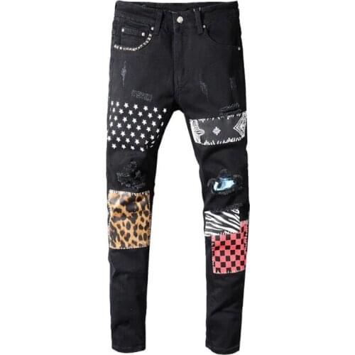 New Mens male rivets stars printed patchwork black jeans streetwear slim fit stretch denim pencil pants Ripped trousers 595