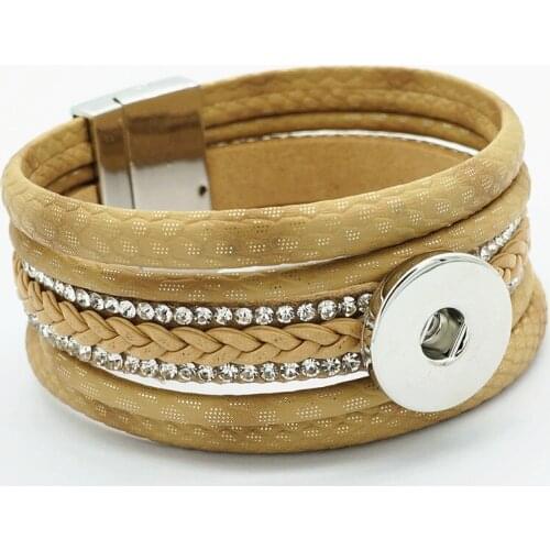 New SE0141 Fashion Brown&White Leather multi layer snap bracelet Magnetic buckle fit 18MM snap button snap jewelry wholesale