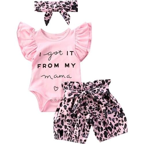 0-24M Newborn Baby Girl Lepard Clothes Summer Toddler KIds Fly Sleeve Romper Tops+Shorts+Headband Outfits