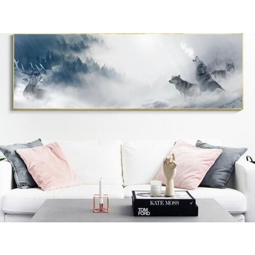 Snow Mountain Wolf Landscape Poster Nordic Style Canvas Art Print Painting Deer Wall Picture For Living Room Modern Home Decor