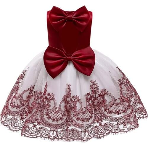 Wine red big bow Infant Baby Girl Dress Open back Baptism kids Dresses for Girls dresses birthday party wedding dress baby girl