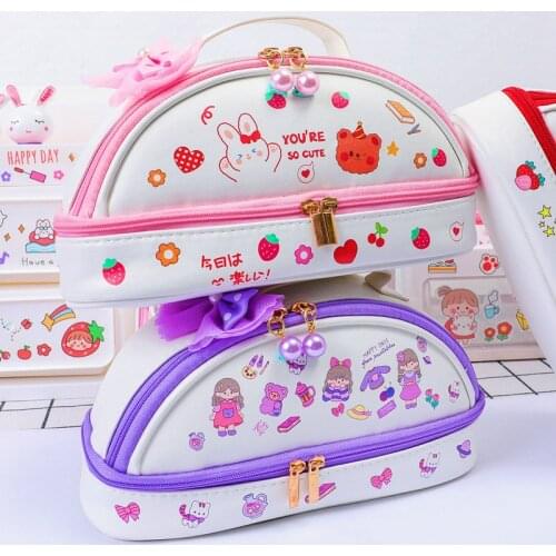 Portable cute pencil case Three layer PU leather pencil bag School supplies storage bag kids student pen case girl cosmetic bag