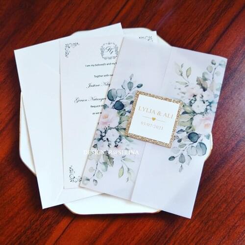 50X Transparent Wedding Invitations with Gold Glitter Tag DIY Vellum Wrap Personalized Printing Cards For Bridal Shower Party