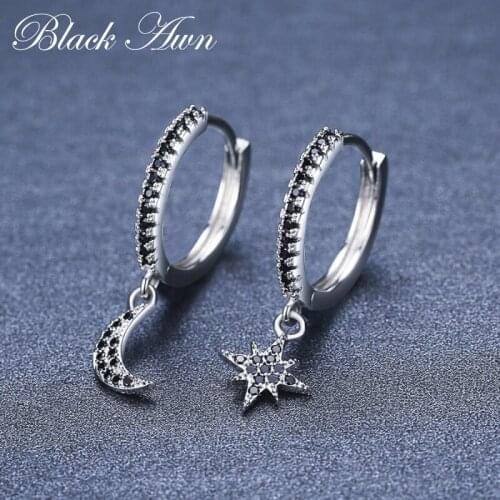 Black Awn Hoop Earrings for Women Classic 925 Sterling Silver Trendy Spinel Moon Star Engagement Fine Jewelry I213