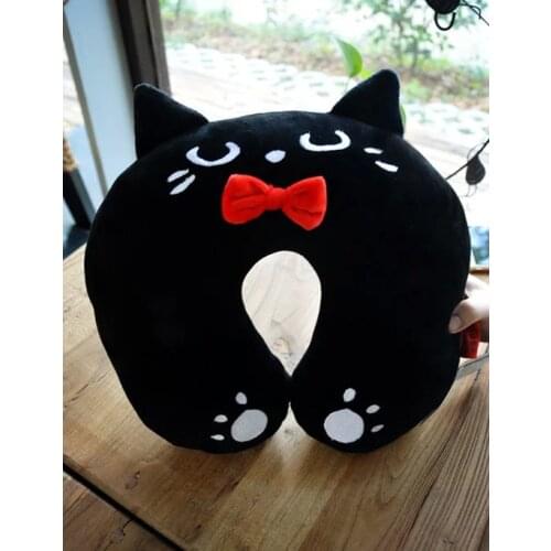 Cute 1pc 35cm cartoon black happy cat plush cotton car office sofy rest pacify U neck pillow stuffed toy girl gift