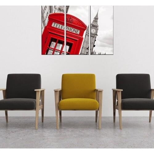 3 Panels Landscape Picture Wall Art Giclee Print London Big Ben Red Telephone Box Poster Art Painting for Dining Room Wall Decor
