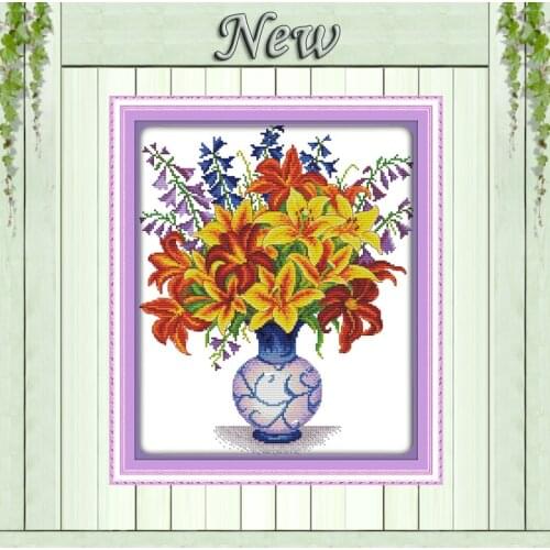 Yellow lily vase flowers Paintings Home Decor 11CT Counted print on canvas DMC 14CT Cross Stitch kits,embroidery needlework Sets