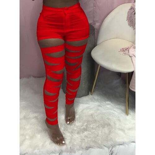Women Fashion Pants 2021 Summer Female Long Pants Solid Color High Waist Hollow Out Trousers for Ladies 6Colors Black White