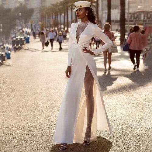 2020 Elegant White Long Sleeves High Split Evening Dresses Sheer V Neck Satin Illusion Formal Party Prom Dresses Robe de soiree