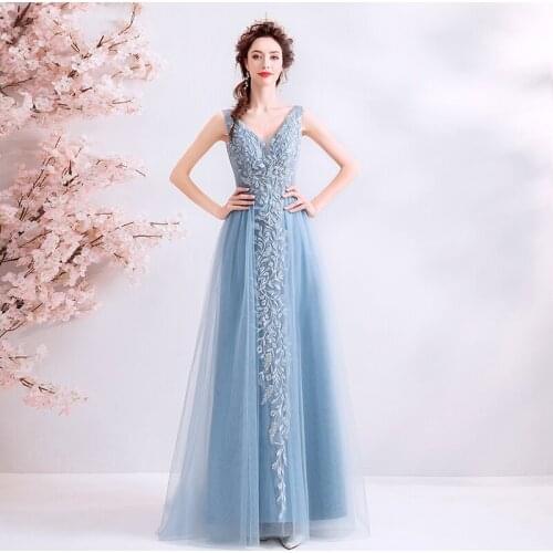 2019 New Arrival Smoke Blue A-line Prom Dresses V-neck Sleeveless Formal Party Dresses Vestido De Fiesta Long Prom Gowns