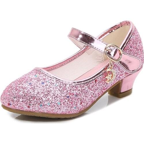 2021 High Heel Girls Shoes Princess Kids Leather Shoes For Girls Sequins Party Casual Glitter School Performance Shoes Wedding
