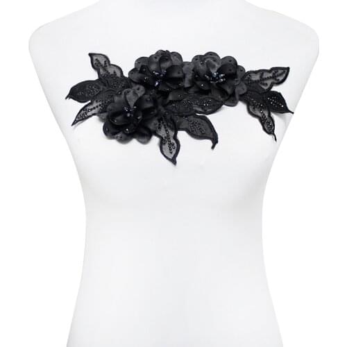 5piece Black Beaded Rhinestones 3D Flower Embroidery Designs Patches Lace Motifs Applique Sewing for Wedding Dress T1799