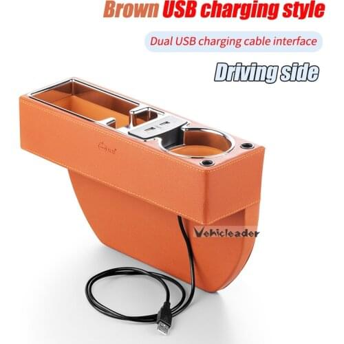 Car Dual USB Charger PU Leather Seat Gap Separate Storage Box Car Seat Gap Slit Box Phone Bottle Cups Holder Box Car Accessories