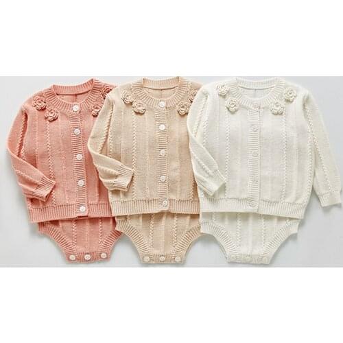 Autumn New Baby Clothing Set Baby Knit Bodysuits And Handmade flowers Cardigan Sweater 2 Pcs Toddler Girls Sweater Suit