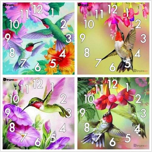Dpsprue Full Diamond Painting Cross Stitch With Clock Mechanism Mosaic 5D Diy Square Round Flower Bird 3d Embroidery Gift HG213