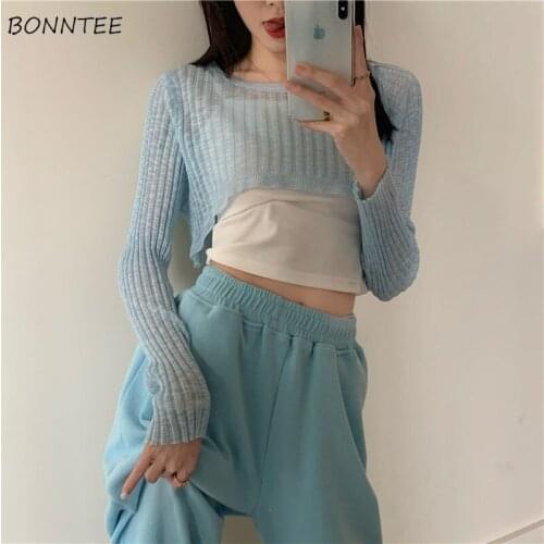 T-shirts Women Summer Thin Crop Top Outerwear Simple Long Sleeve Sun-proof Various Colors Knitting Girls Trendy Leisure Daily