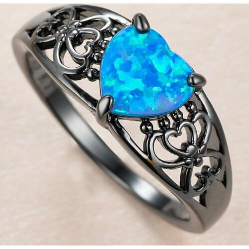 Cute Female Blue Opal Stone Ring Vintage 14KT Black Gold Hollow Wedding Rings For Women Luxury Bride Love Heart Engagement Ring