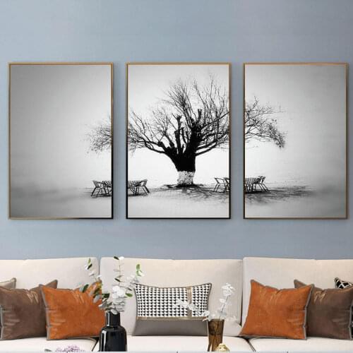 3 Pieces Set Modern Black and White Landscape Pictures Tree Posters and Prints Bridge Canvas Painting Wall Art for Living Room
