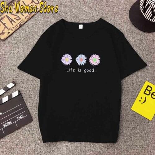 Summer S-3XL Plus Size T Shirt Cute Daisy Print T-Shirt Cotton Women Tshirts O Neck Short Sleeve Tee Oversized Black Tops