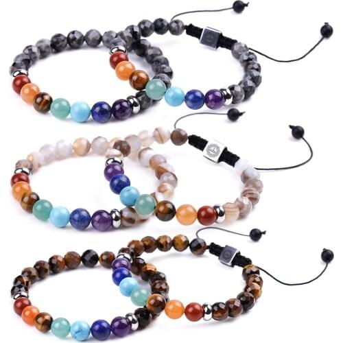 Men Women Jewelry 7 Chakra Brown Stripe Onyx Adjustable Braided Bracelet Faceted Beads Tiger Eye Black Spectrolite Bracelets