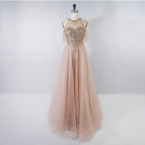 Latest Design Evening Dresses 2020 Off Shoulder Halter Neck Beading Diamonds Sexy Tulle Prom Dresses платье vestidos LE4040