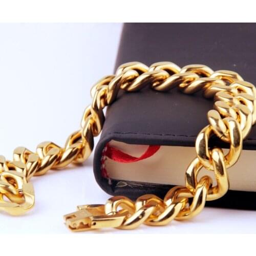 Top Quality 100% 316L Stainless Steel Cuban Curb Cowboy Chain Yellow Gold Cool Boys Mens Bracelet Bangles Jewelry 7"-11"