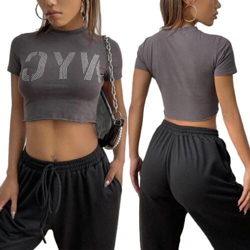 Y2K Womens Causal Short Sleeve T-shirt Fashion Letter Hot Drilling Round Neck Exposed Navel Tops for Summer