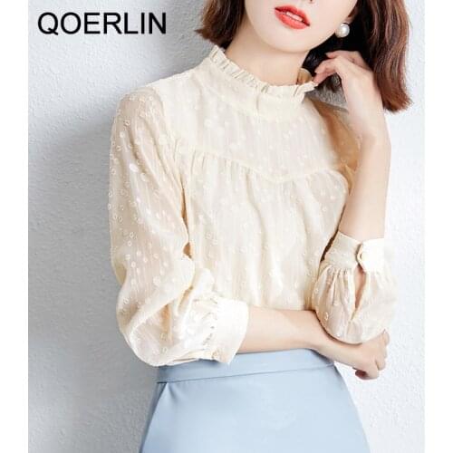 QOERLIN High Quality Embroidery Temperament Shirt Women Korean Style Long Sleeve Loose Apricot Blouse Top Ruffles Buckle Blouse