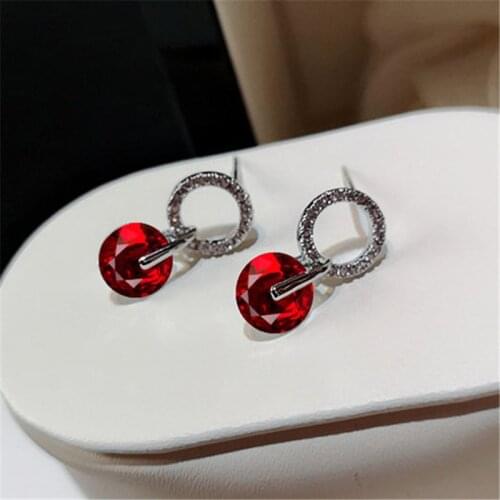 Vintage Female Crystal Round Stud Earrings Red Zircon Stone White Gold Rose Gold Wedding Earrings For Women Valentine Jewelry Cz