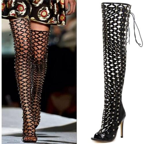Rivets Women Summer Long Gladiator Sandals Hollowed Out Strappy Thigh High Boots Sexy Female Party Prom Shoes High Heels Pumps