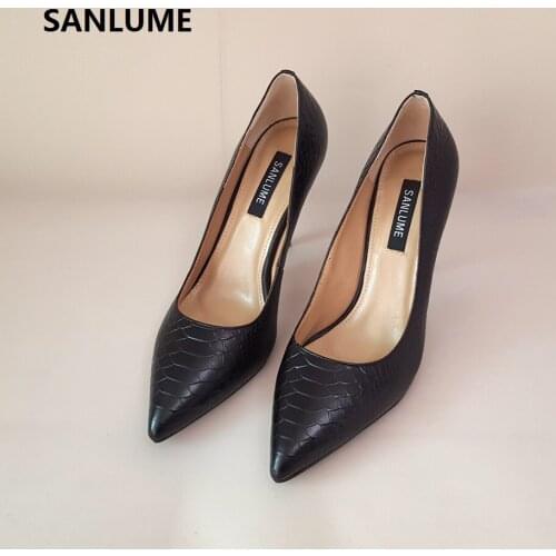SANLUME Women Sexy High heels Genuine leather Pumps Lady Pointed Toe Silver Party Wedding shoes 10cm heels inside sheepskin
