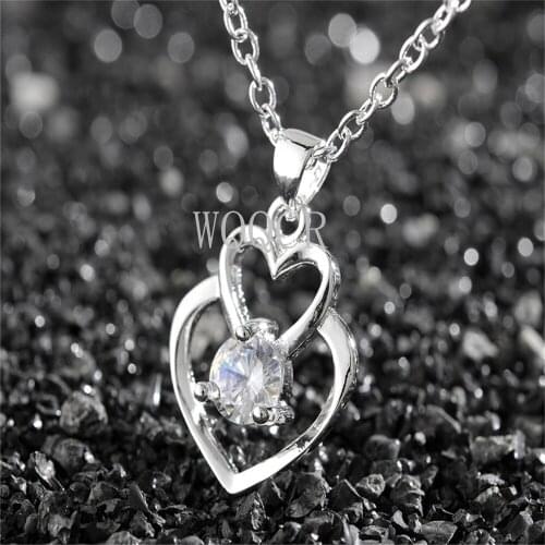 Hot Sale 925 Sterling Silver Ladies Fashion Double Heart Pendant Necklace Ladies Valentines Day Jewelry Crystal Stone Pendant