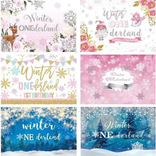 Winter Onederland Pink Flowers Snowflake Deer Silver Glitter Christmas Background Decorations Photography Backdrop for Girl Baby