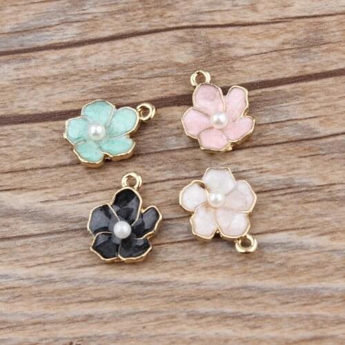 10PCS Fashion Gold Oil Drop Imitation Pearl Flower Enamel Charms For Jewelry Making Pearlescent Pendant Necklace Bracelet DIY