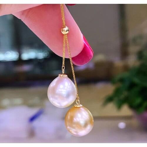 HENGSHENG 2pcs 10mm White And Golden Natural-Ocean Round Pearls Necklace For Women Real 18K Gold Adjustable Chain Fine Jewelry