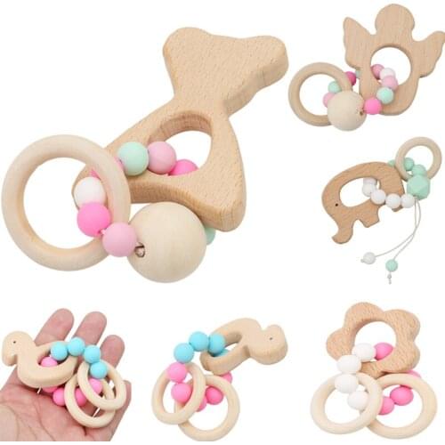 Baby Nursing Bracelets Wooden Teether Crochet Chew Beads Teething Wood Cartoon Animal Rattles Toys Teether Montessori Bracelet