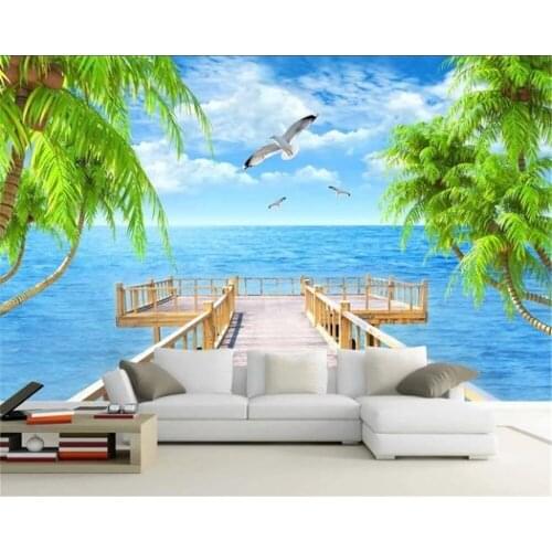 Home Decor 3d Wallpaper Coconut Seagull Mediterranean Sea Beautiful Living Room Bedroom Green Silk Wallpaper