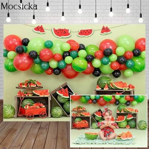 Summer Watermelon Photography Backdrops Colorful Balloons Fruit Child Cake Smash Green Background Props Photo Studio Baby Shower