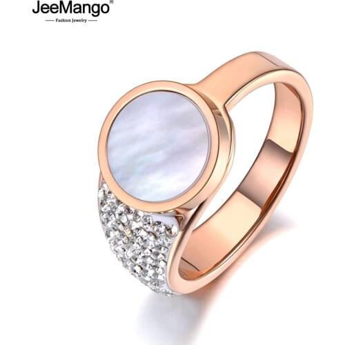 JeeMango Classic Rose Gold Stainless Steel White Shell Rings For Women Mosaic CZ Rhinestone Love Wedding Ring Jewelry JR19076