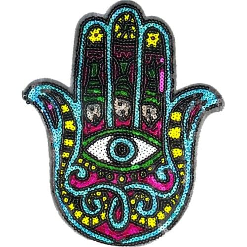 2PCS Large Sequins Fatima Palm Patches Hand Applique Eye Iron on Patch for Clothes Jacket Fabric Badge DIY Apparel Accessories