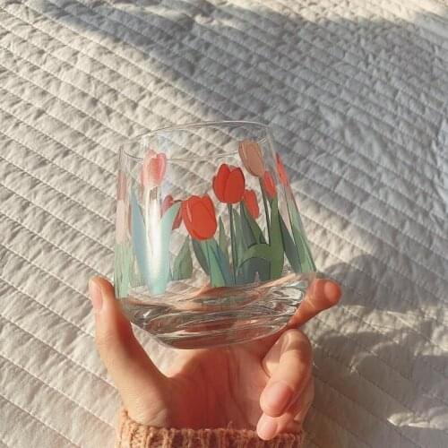 Creative Cute Flower Glass Mugs with Coaster Milk Tea Glass Cup Coffee Mug Glass Water Bottle Cute