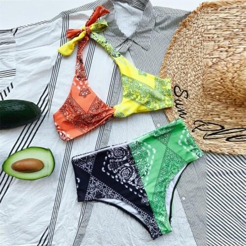 Sexy Halter Neck Swimsuit Female Push Up Biquinis Vintage High Waist Floral Print Patchwork Swimsuit Woman Two Pieces Swimwear