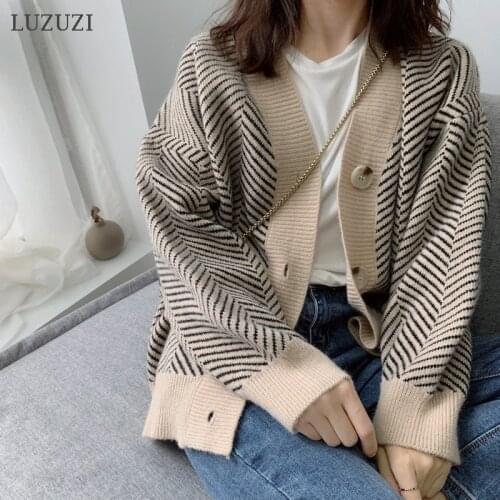 LUZUZI Womens Knitwear Autumn Winter Striped Casual V-Neck Cardigans for Women 2020 Button Cardigan Loose Korean Sweaters