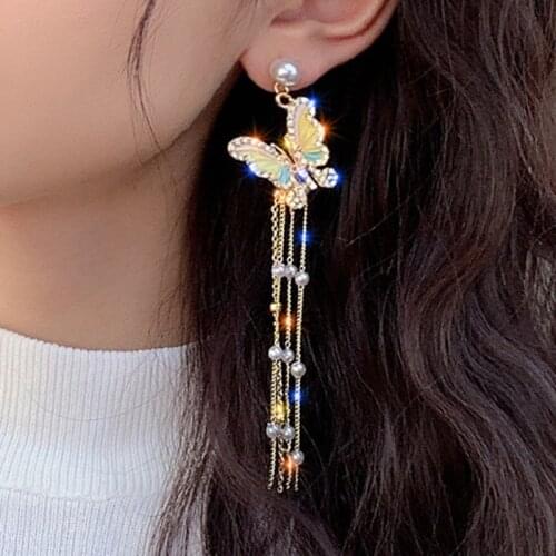 Fashion Women Butterfly Earrings Fringed Pearl Eardrop for Girls Ladies 2021 Vintage Crystal Ear Cuff Girls Jewerly Gifts