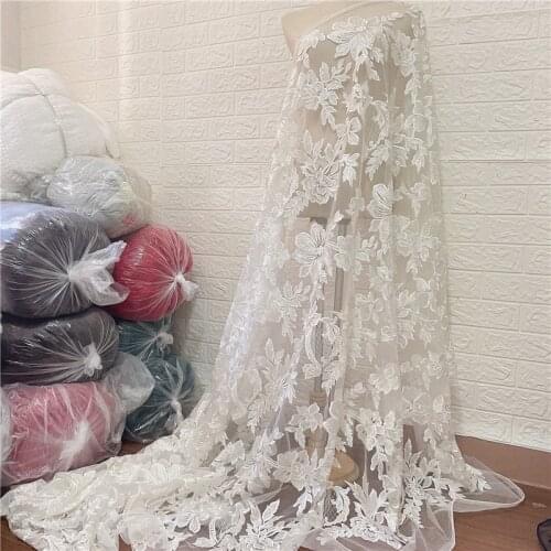 Latest Fashion Off White Rayon Sequins Tulle Embroidery Lace Fabric French Bridal Wedding Gown Dress Lace Fabric 1 Yard