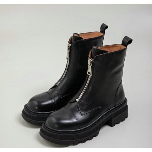 2021 New Autumn Winter Fashion Leather Boots Black Mid-tube Platform Boots Motorcycle Rider Womens Boots