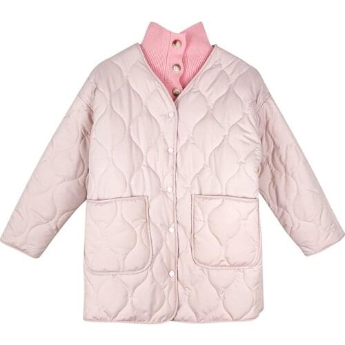 PERHAPS U Women Pink Cold V Neck Pocket Elegant Quilted Coat Puffer With Knitted Dress C0528