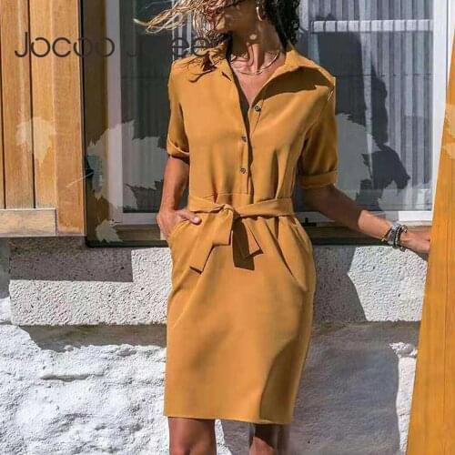 Jocoo Jolee Shirt Dress Women Turn-down Collar Sashes Knee-length Dress Casual Psrty Dress Oversized Loose Dress Vestidos Robe